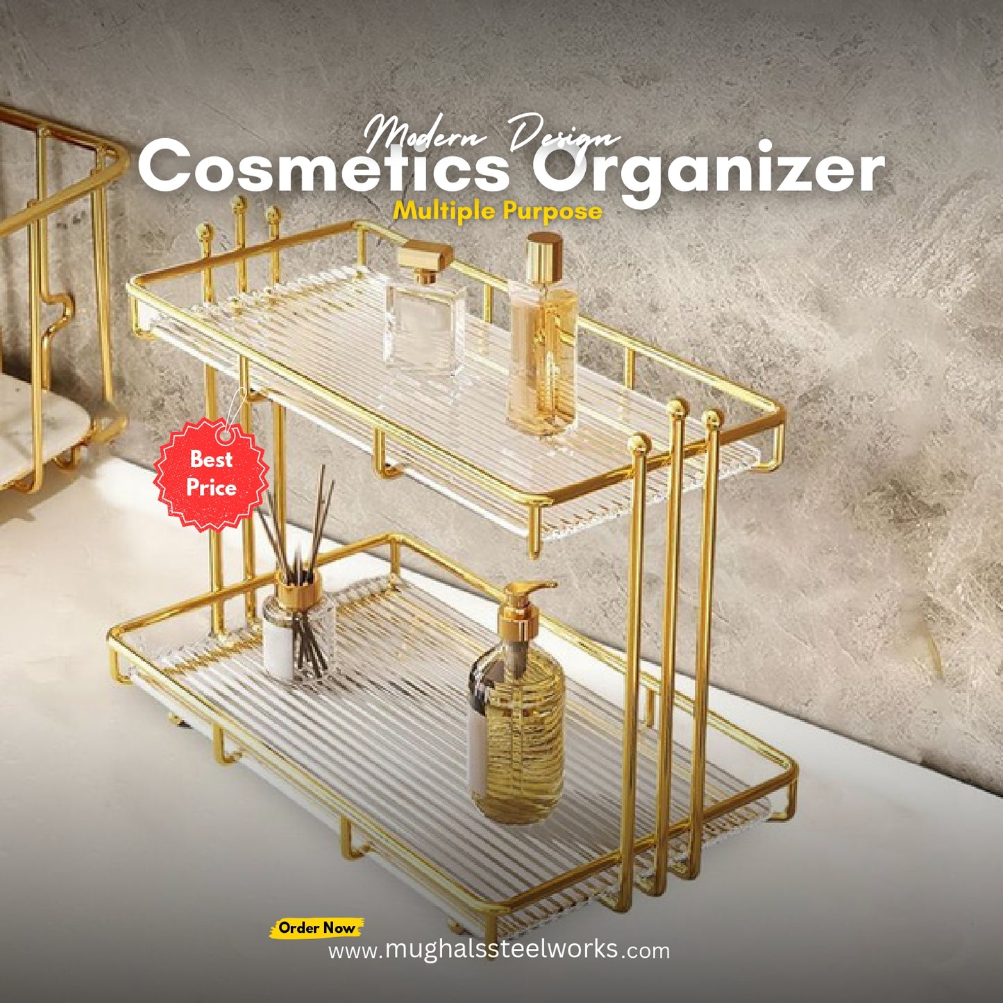 Metal 2-Tier Makeup Organizer – Skincare & Cosmetic Storage Rack for Vanity or Bathroom 05.