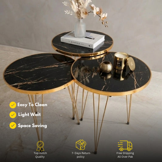 Modern Round Nesting Coffee Table Set – White Marble Top & Gold Frame Luxury Living Room Tables – 3 Piece Space Saving Design High Gloss