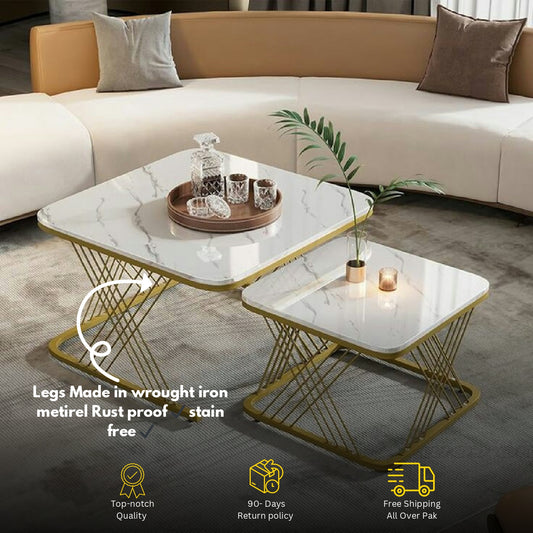 Modern 2-Piece Coffee Table Set – White Marble Top with Golden Base | Space Saving Design A4