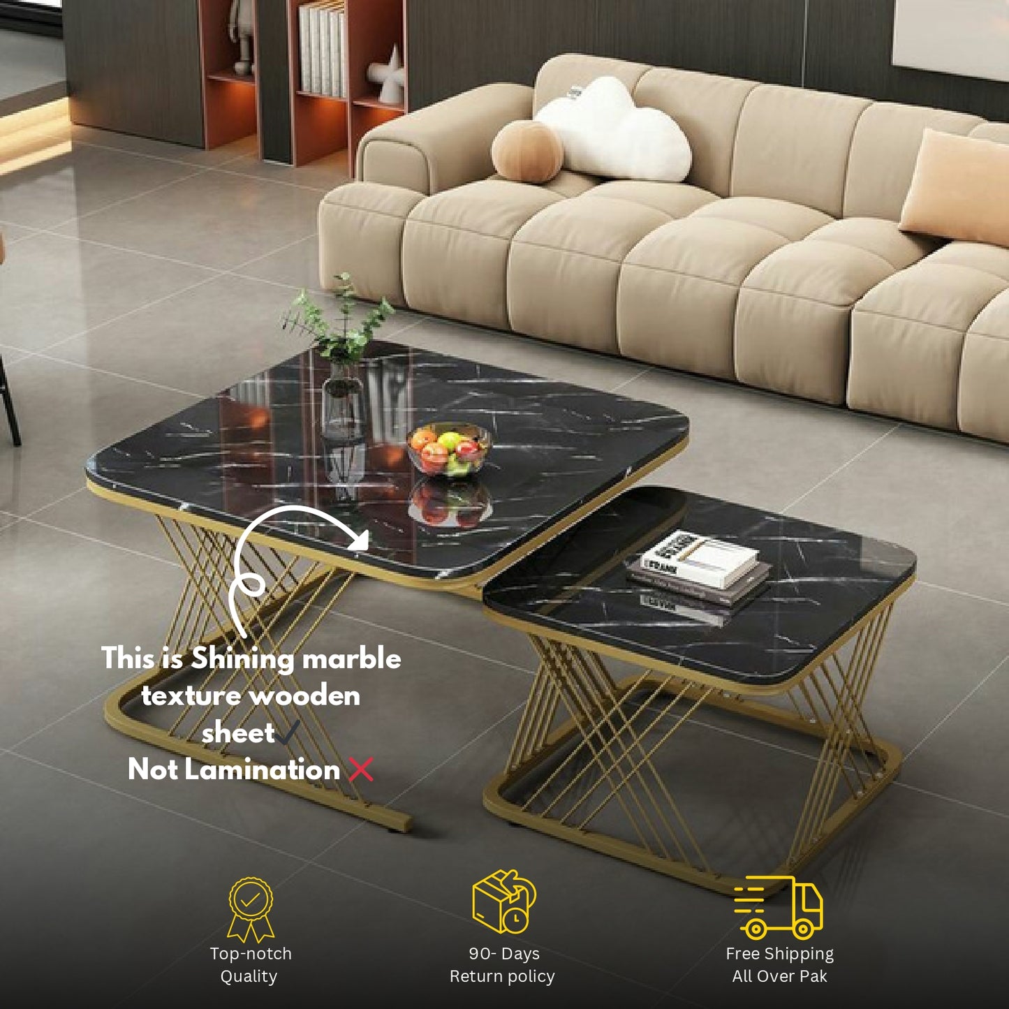 Modern 2-Piece Coffee Table Set – White Marble Top with Golden Base | Space Saving Design