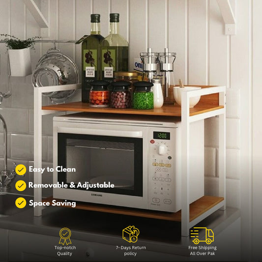 2-Tier Microwave Oven Rack with Wood Shelves & Metal Frame – Kitchen Organizer Stand