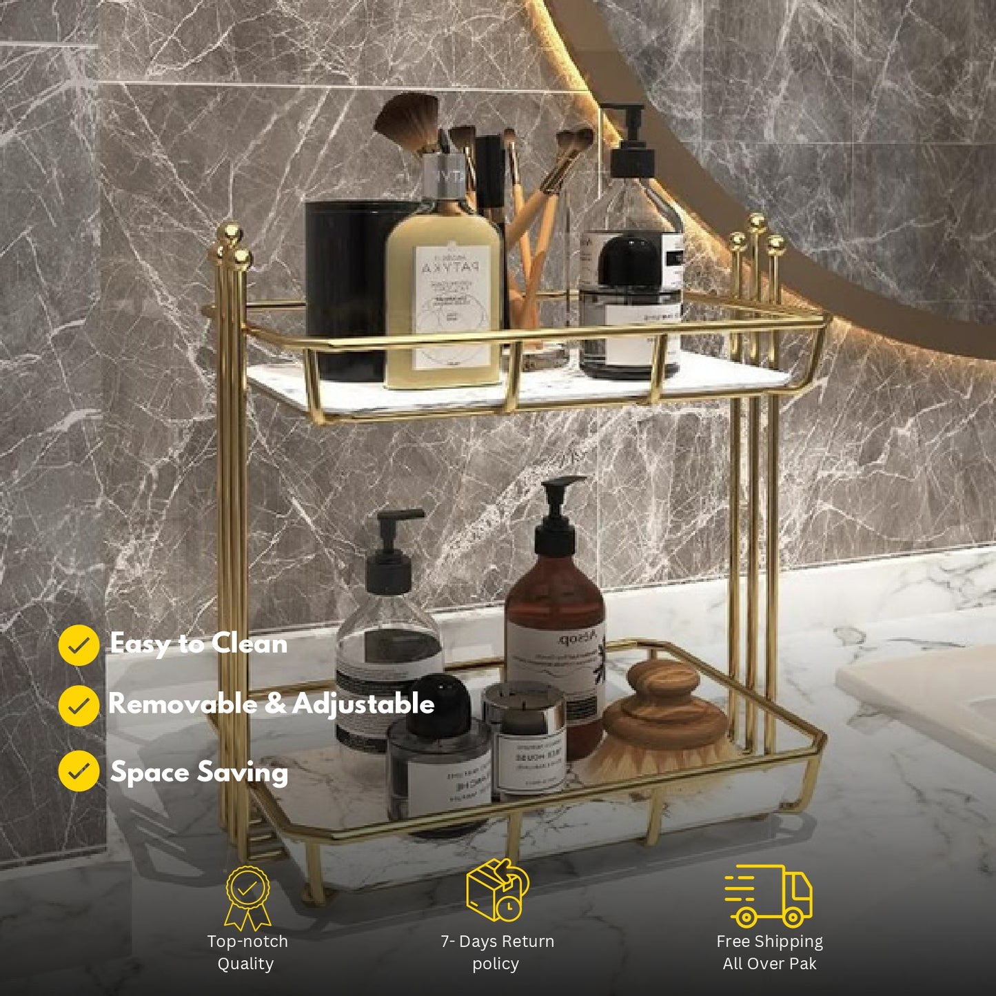 Metal 2-Tier Makeup Organizer – Skincare & Cosmetic Storage Rack for Vanity or Bathroom 05.