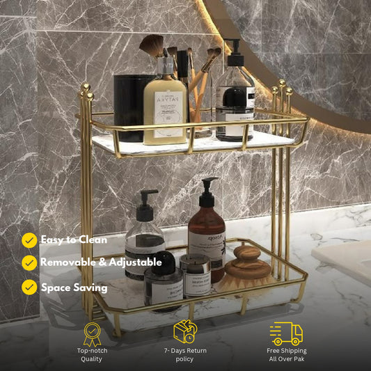 Metal 2-Tier Makeup Organizer – Skincare & Cosmetic Storage Rack for Vanity or Bathroom 05.