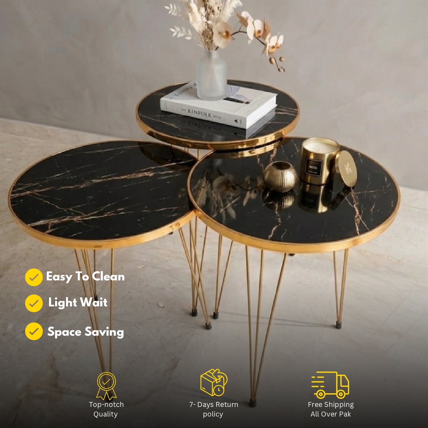 Modern Round Nesting Coffee Table Set – White Marble Top & Gold Frame Luxury Living Room Tables – 3 Piece Space Saving Design High Gloss
