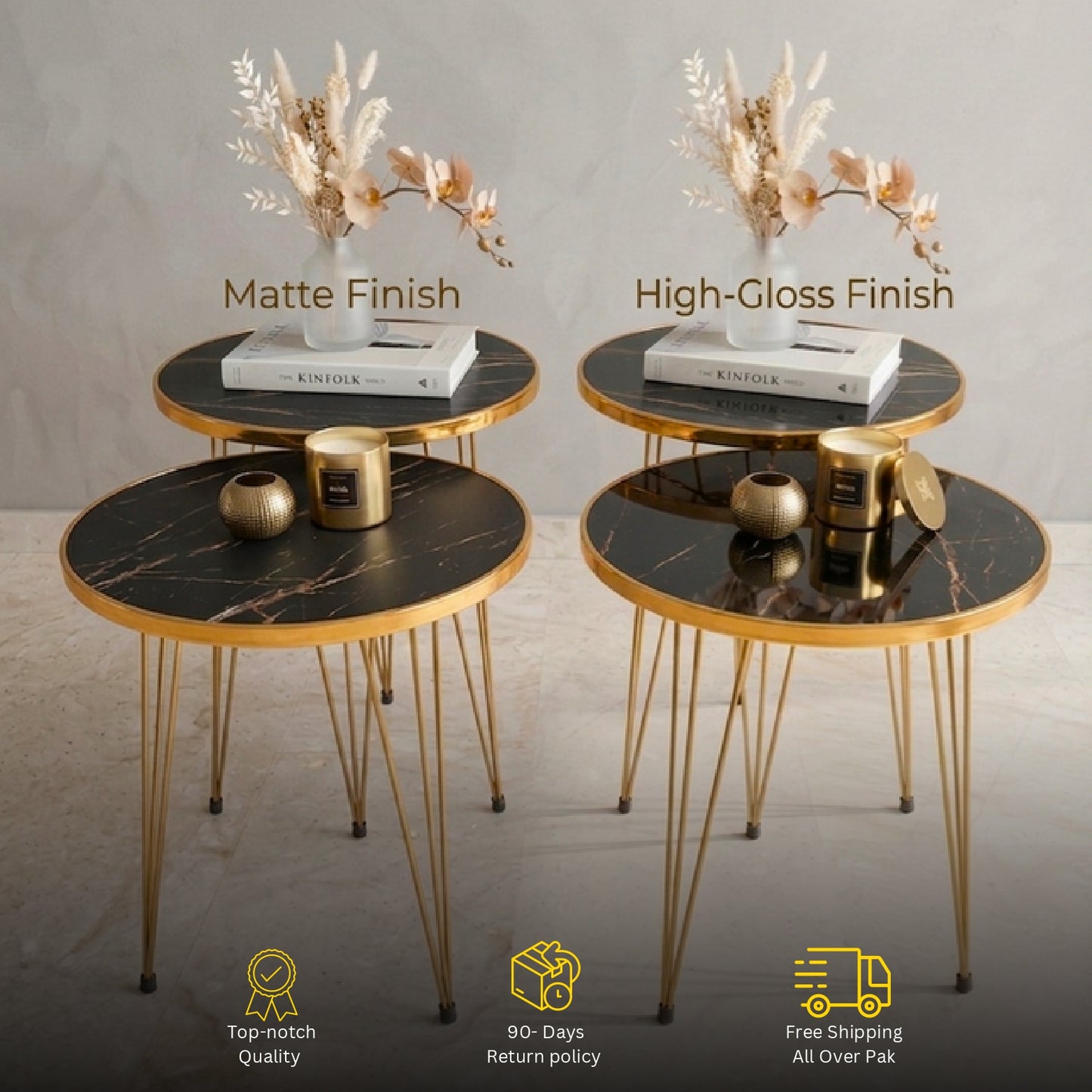 Modern Round Nesting Coffee Table Set – White Marble Top & Gold Frame Luxury Living Room Tables – 3 Piece Space Saving Design High Gloss