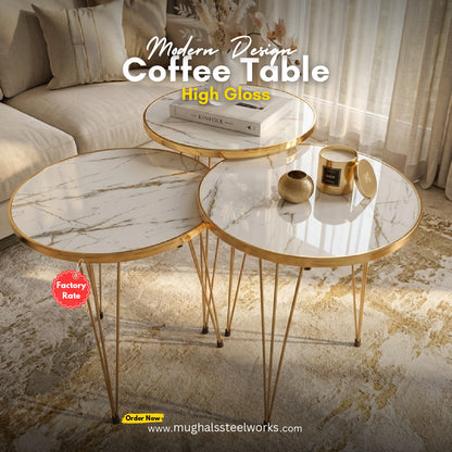 Modern Round Nesting Coffee Table Set – White Marble Top & Gold Frame Luxury Living Room Tables – 3 Piece Space Saving Design High Gloss