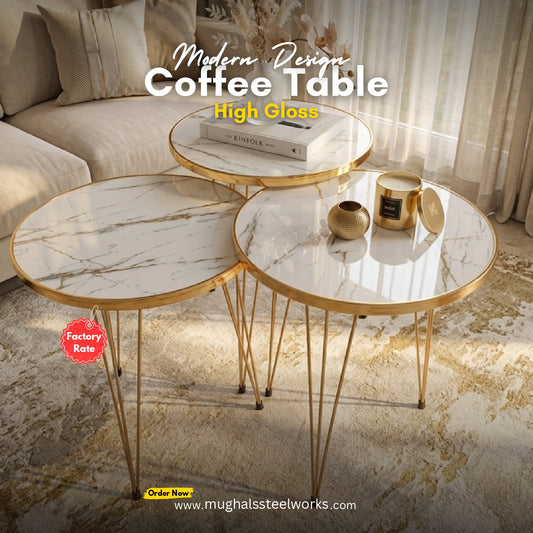 Modern Round Nesting Coffee Table Set – White Marble Top & Gold Frame Luxury Living Room Tables – 3 Piece Space Saving Design High Gloss