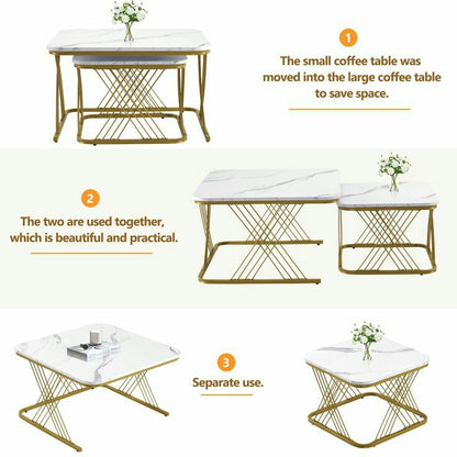 Modern 2-Piece Coffee Table Set – White Marble Top with Golden Base | Space Saving Design