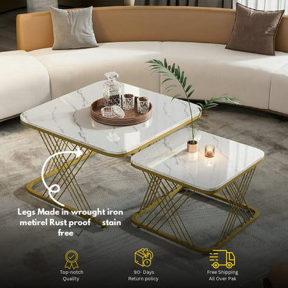 Modern 2-Piece Coffee Table Set – White Marble Top with Golden Base | Space Saving Design