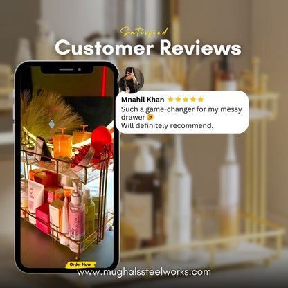 Metal 2-Tier Makeup Organizer – Skincare & Cosmetic Storage Rack for Vanity or Bathroom 05.