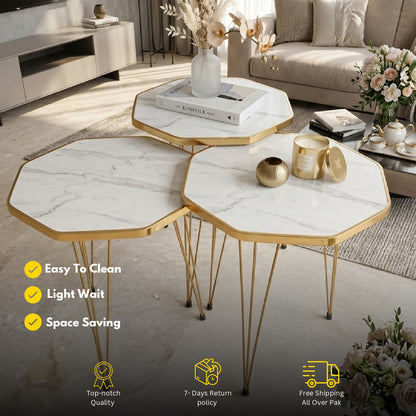 Luxury Octagon Nesting Coffee Table Set of 3 – White Marble Top & Gold Metal Frame