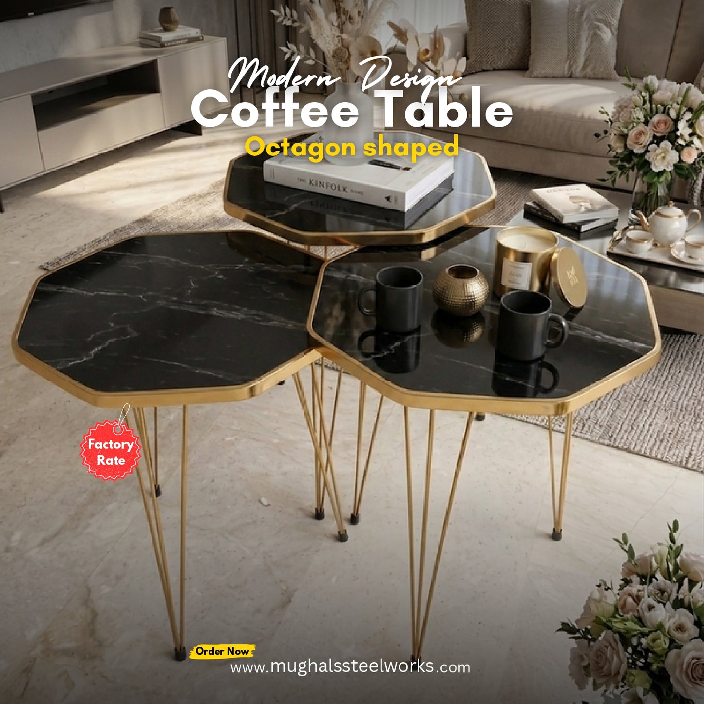 Luxury Octagon Nesting Coffee Table Set of 3 – White Marble Top & Gold Metal Frame