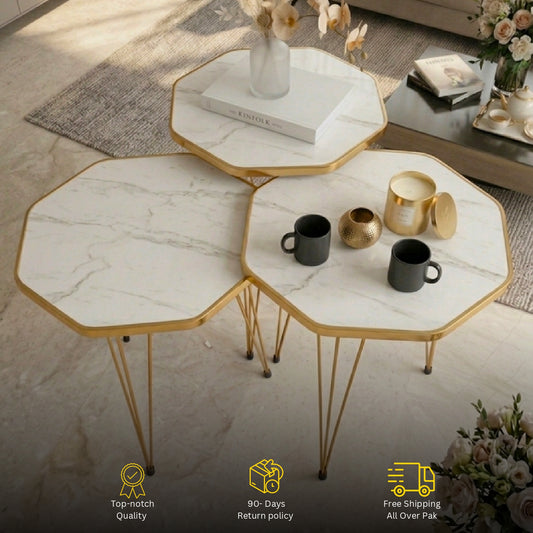 Luxury Octagon Nesting Coffee Table Set of 3 – White Marble Top & Gold Metal Frame