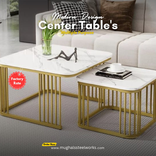 Modern 2-Piece Center Table – Metal Base & Wooden Top | Living Room Coffee Table Set A1