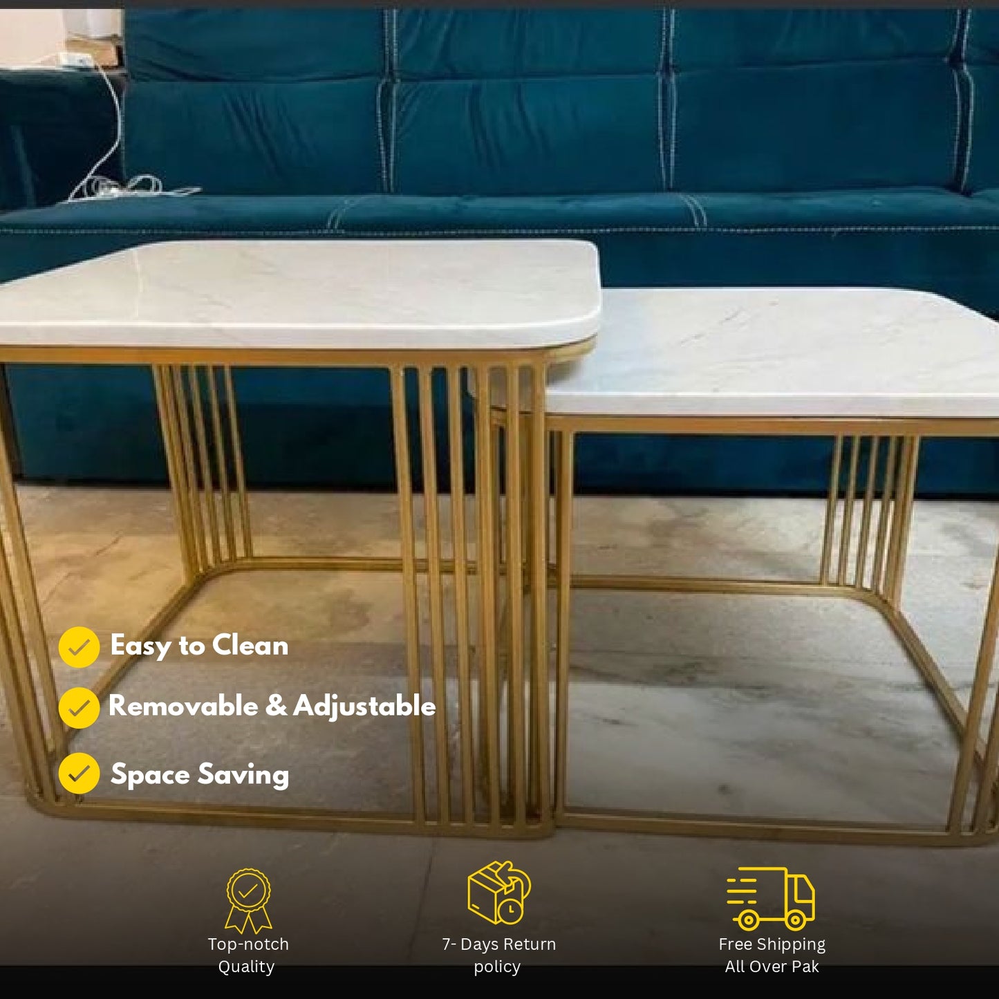 Modern 2-Piece Center Table – Metal Base & Wooden Top | Living Room Coffee Table Set A1