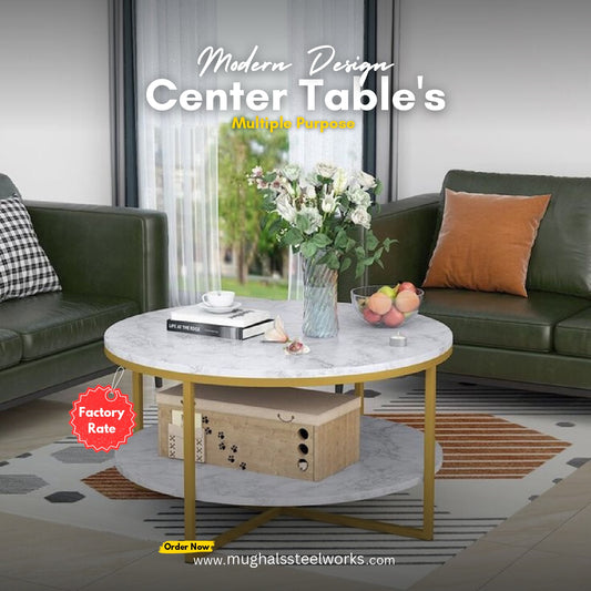 Double-Top Center Table – Metal Base & Wooden Finish A6