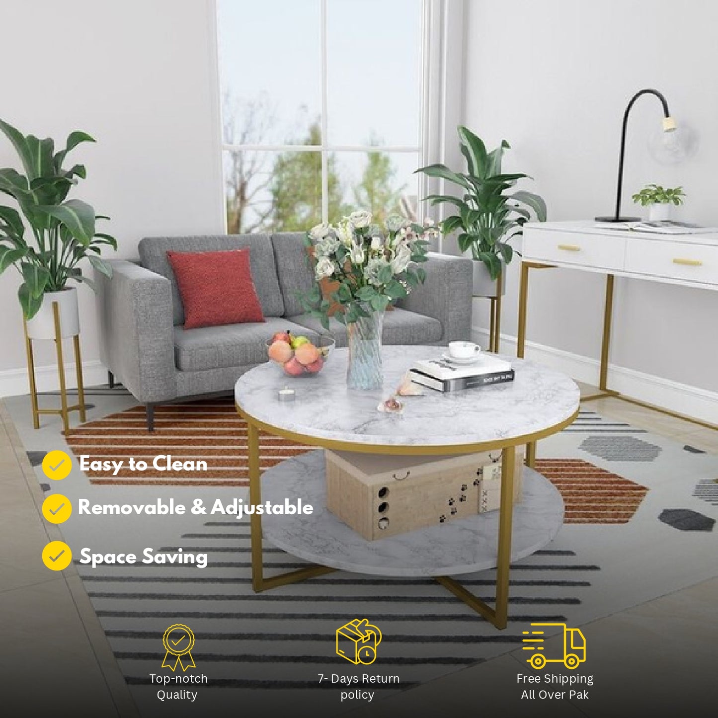 Double-Top Center Table – Metal Base & Wooden Finish A6