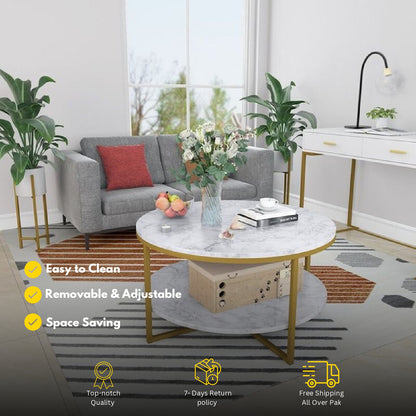 Double-Top Center Table – Metal Base & Wooden Finish A6