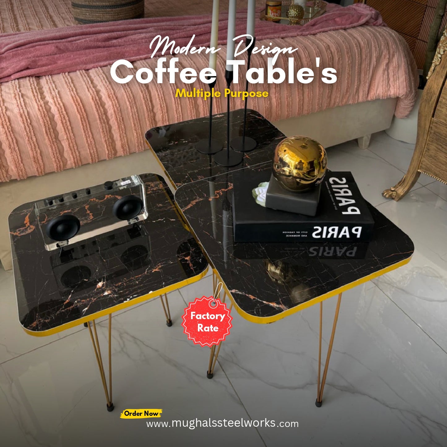 Square Modern 3-Piece Coffee Table Set – Space-Saving Living Room Furniture