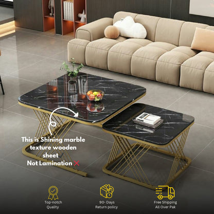 Modern 2-Piece Coffee Table Set – White Marble Top with Golden Base | Space Saving Design