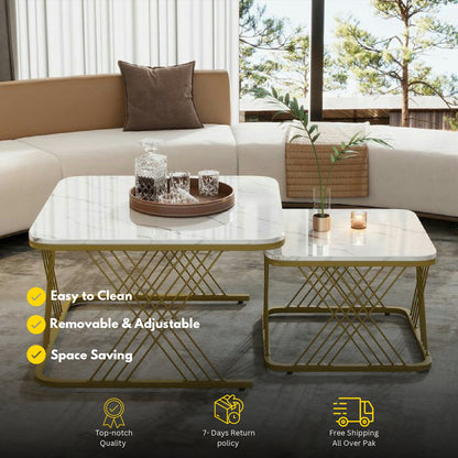 Modern 2-Piece Coffee Table Set – White Marble Top with Golden Base | Space Saving Design