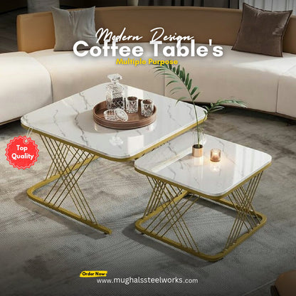 Modern 2-Piece Coffee Table Set – White Marble Top with Golden Base | Space Saving Design