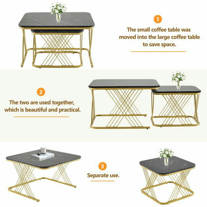 Modern 2-Piece Coffee Table Set – White Marble Top with Golden Base | Space Saving Design